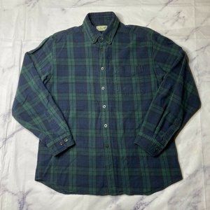 LL Bean Flannel Button Down Shirt Men's Blue Green Plaid Black Watch